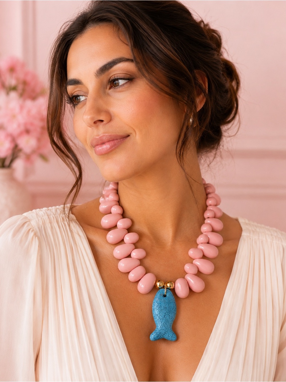 Handmade Pink Statement Necklace with Blue Fish Pendant & Gold Accents. NWOT - Picture 2 of 7